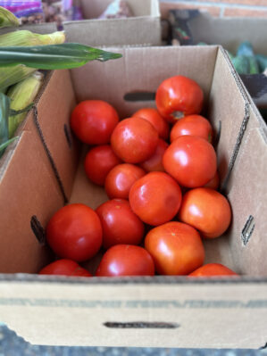 close up photo of a box of ripe tomatoes